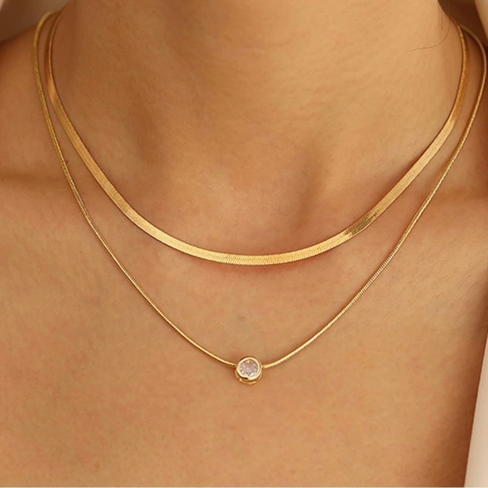 Gold 14k Gold Plated 2pc Herringbone CZ Necklace Set